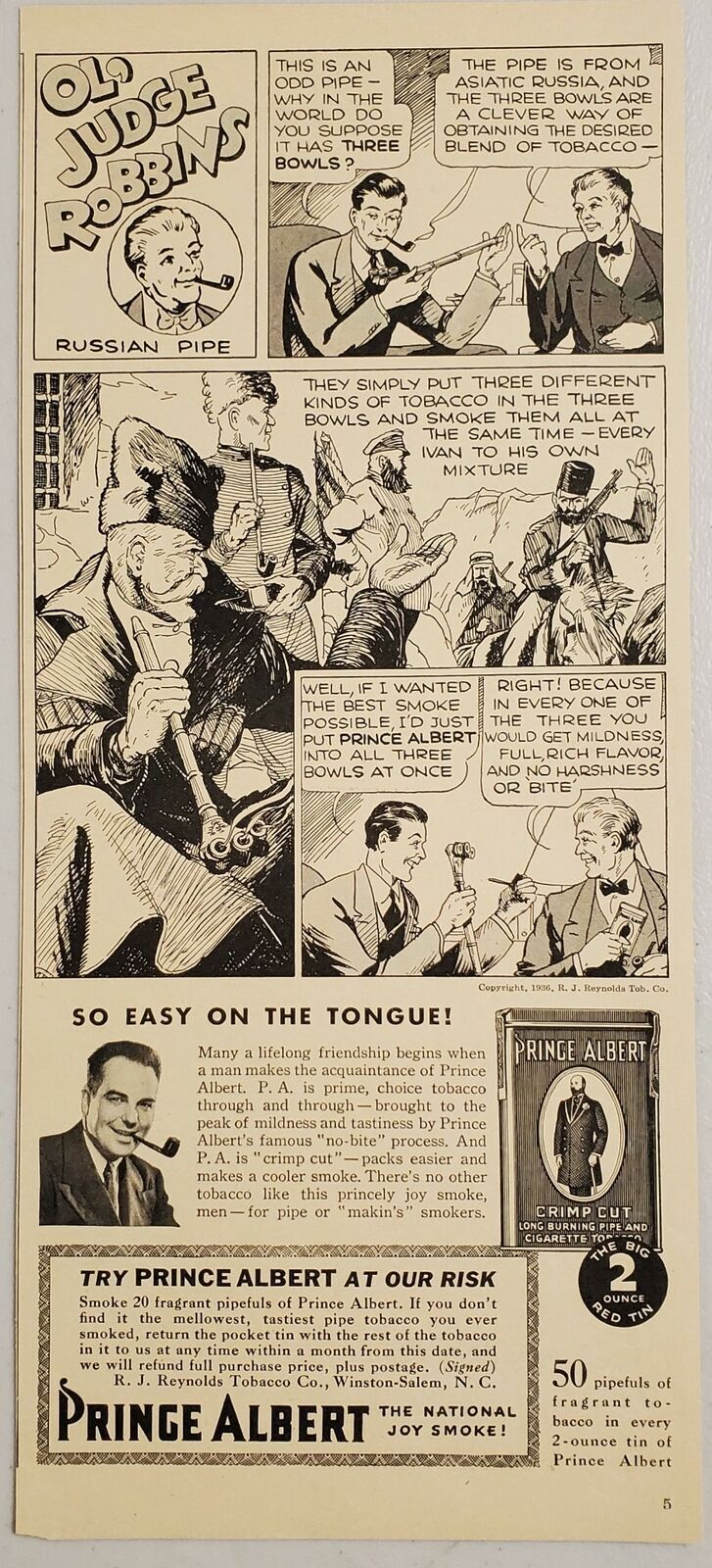 1936 Print Ad Prince Albert Tobacco Ol\' Judge Robbins Russian Pipe Cartoon