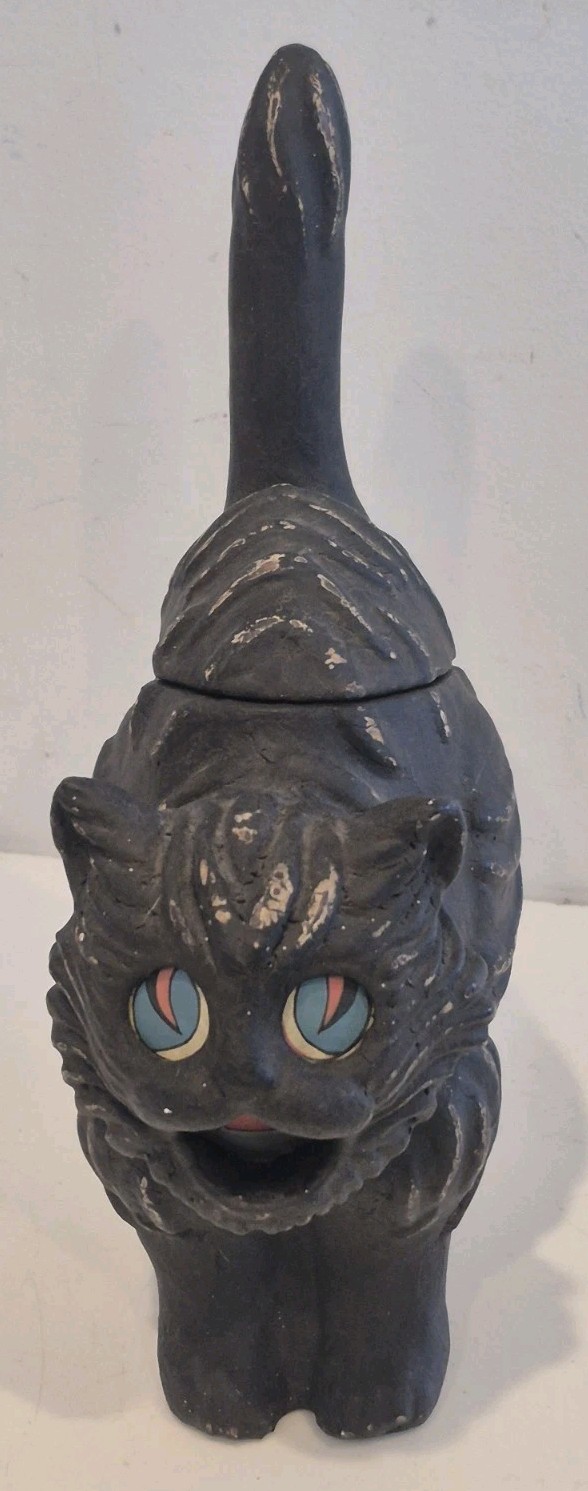 VINTAGE HALLOWEEN PAPER MACHE BLACK CAT CANDY CONTAINER