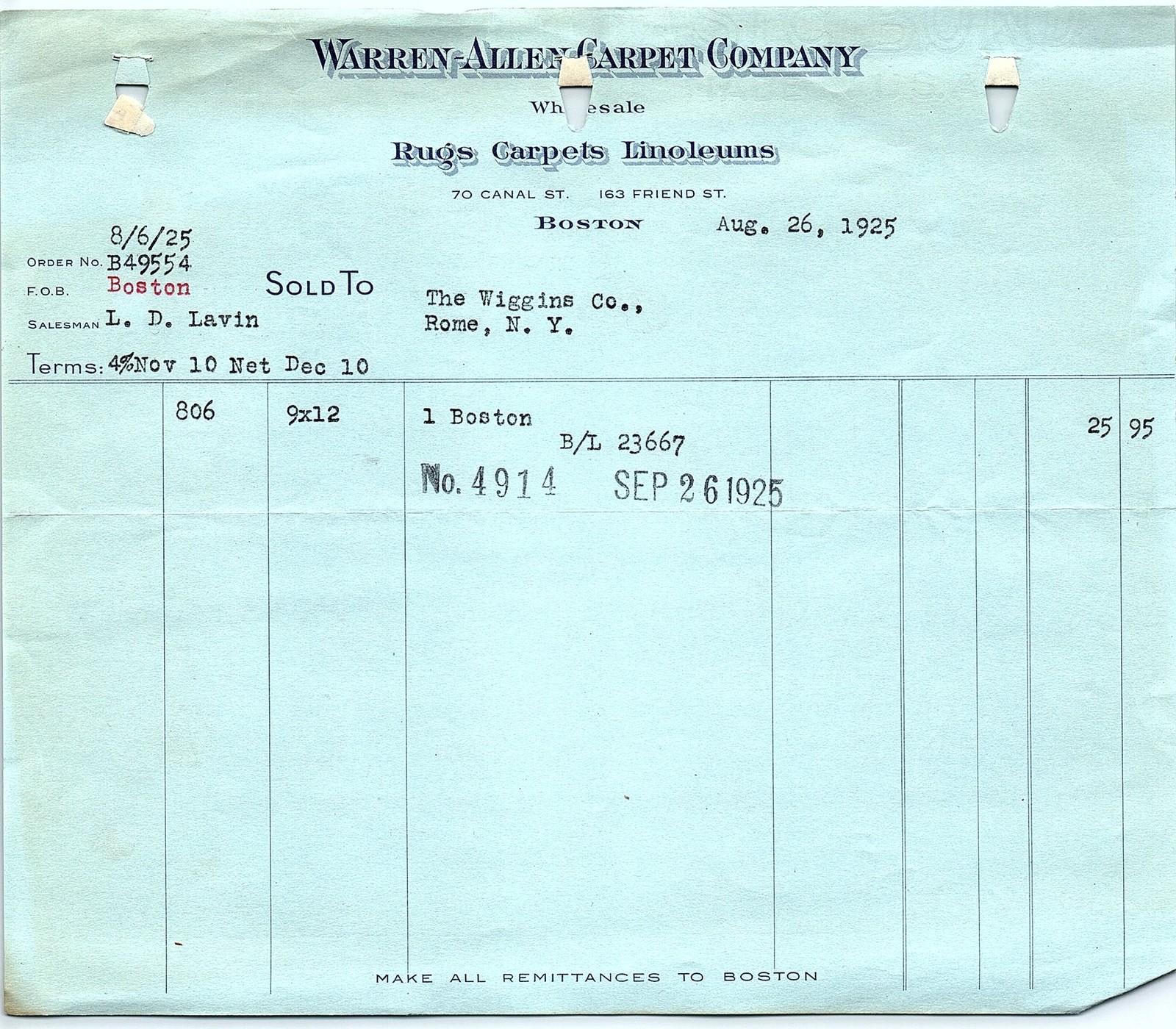 1925 Warren-Allen Carpet Co. Boston Billhead Invoice
