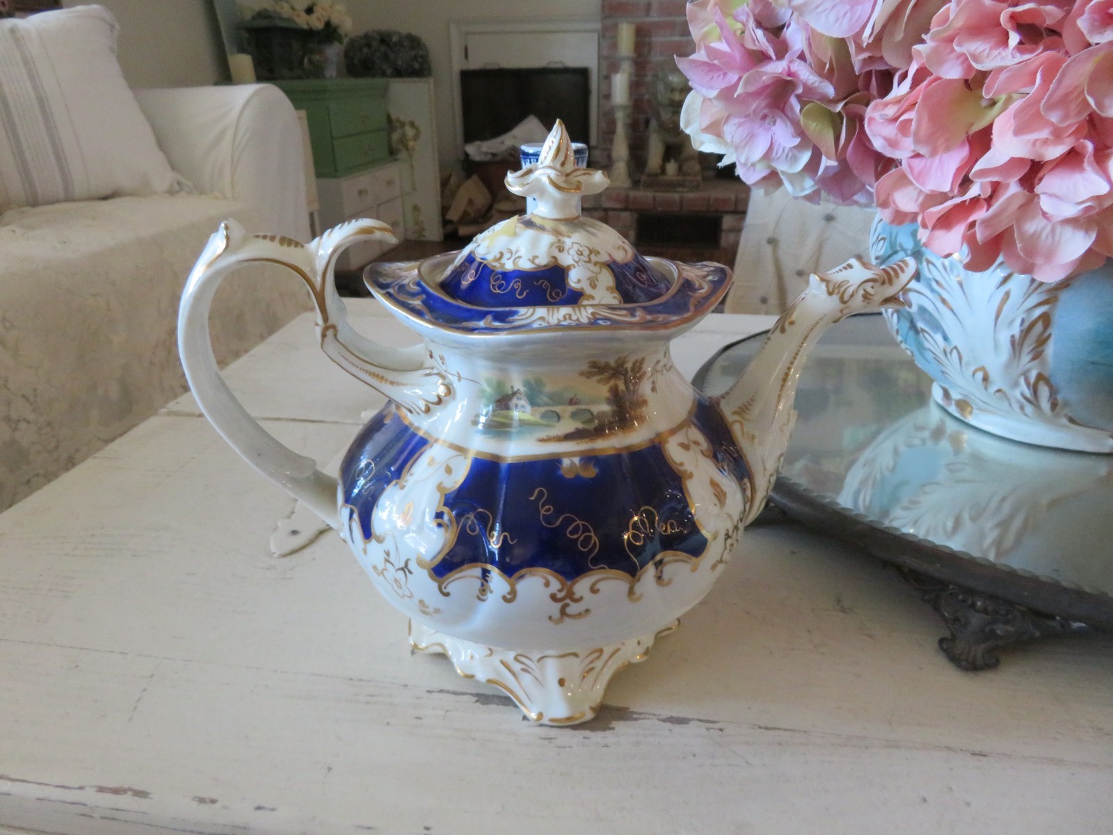 Antique Samuel Alcock Porcelain Tea pot Coffee Pot Blue w Gilt Gold Bird Spout