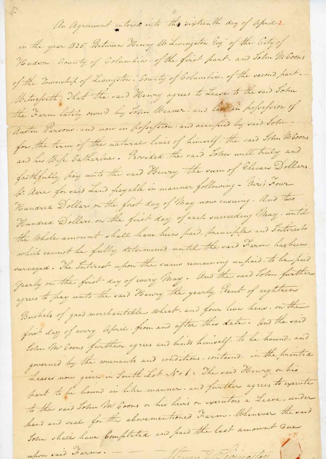 1833 Land Lease Agreement Henry W. Livingston & John M. Coons Columbia County NY