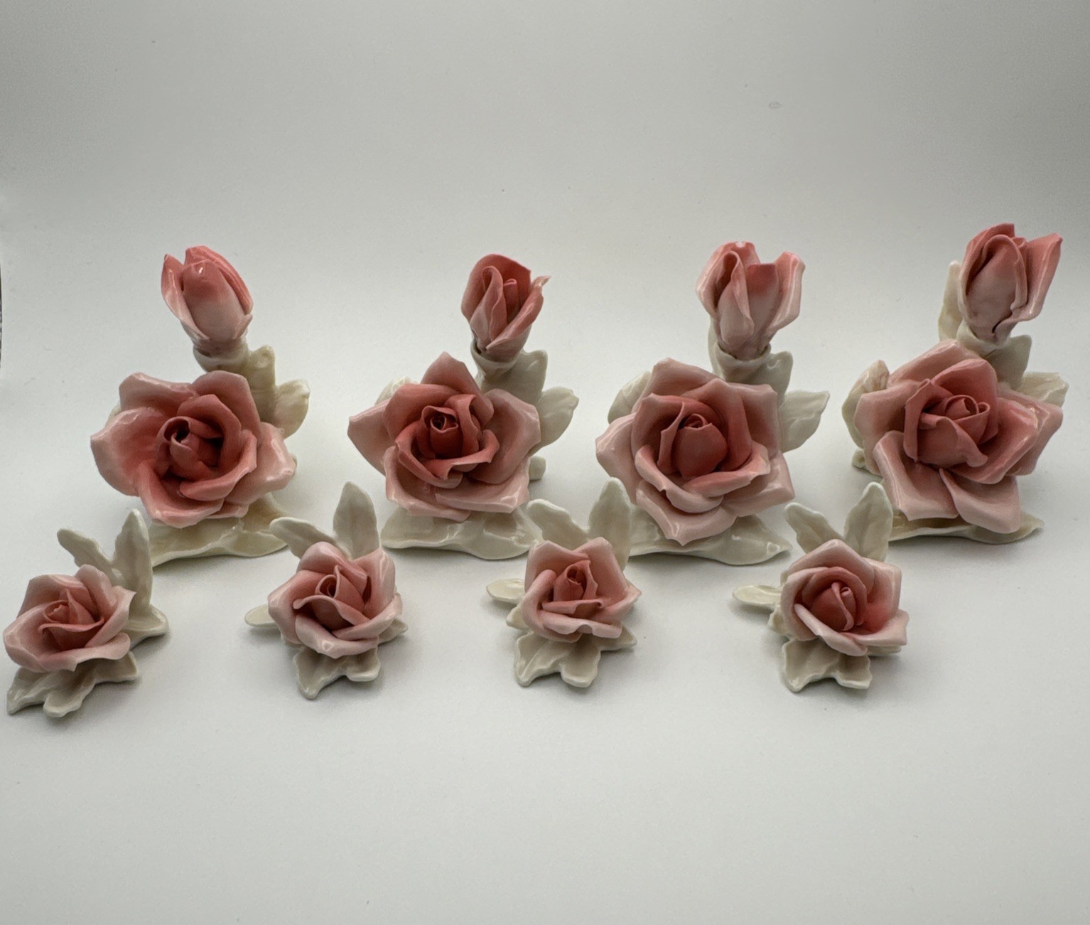 VTG Karl Ens Porcelain Roses Figurines 8pc Set 1919-45 Marked ENS Germany