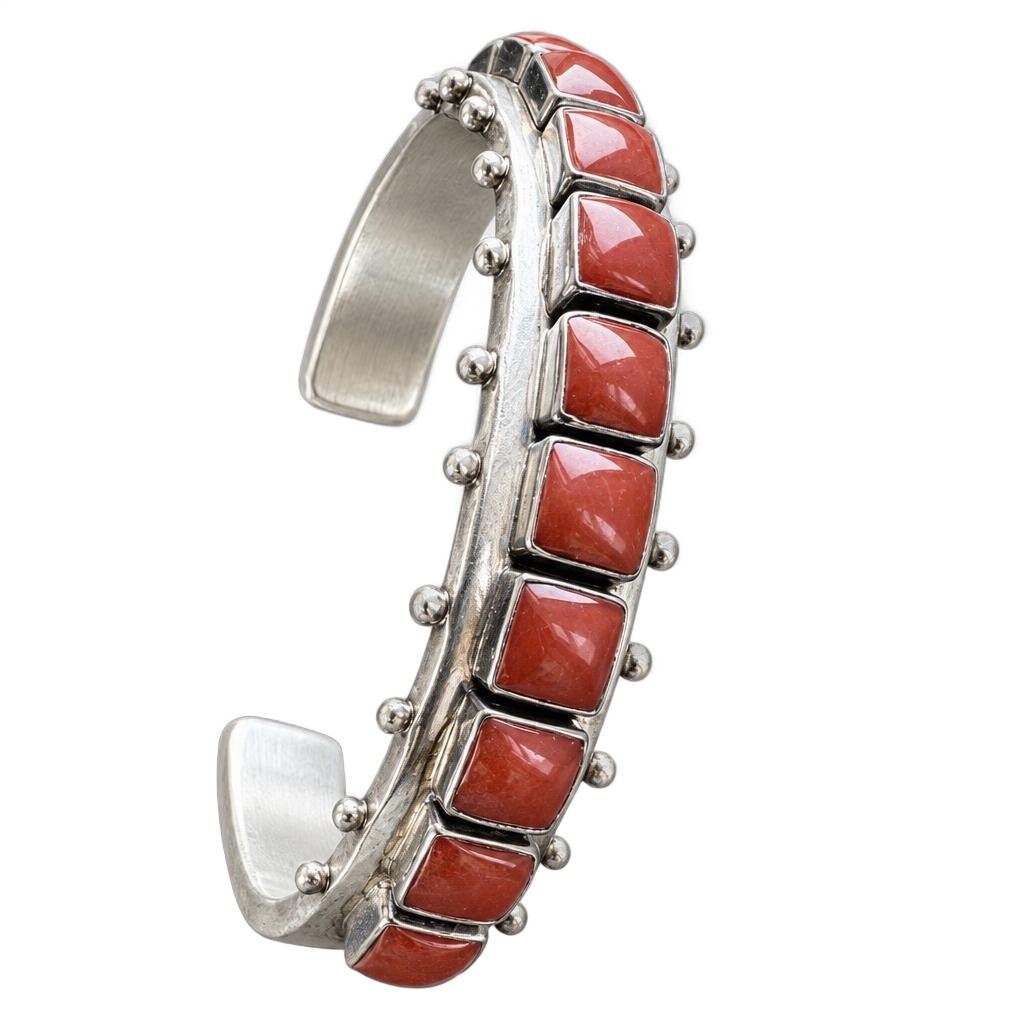 Native American Paul Livingston 925 Sterling Silver And Coral Cuff Bracelet