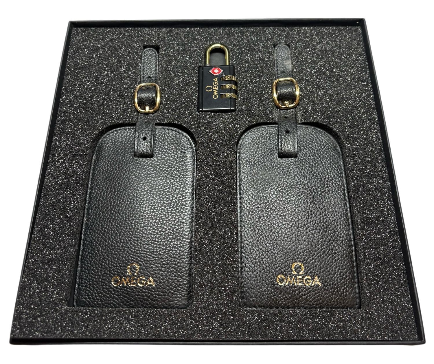 Omega Leather Luggage Tag Set & TSA Lock Men\'s Accessory w/ Sealed Certificate
