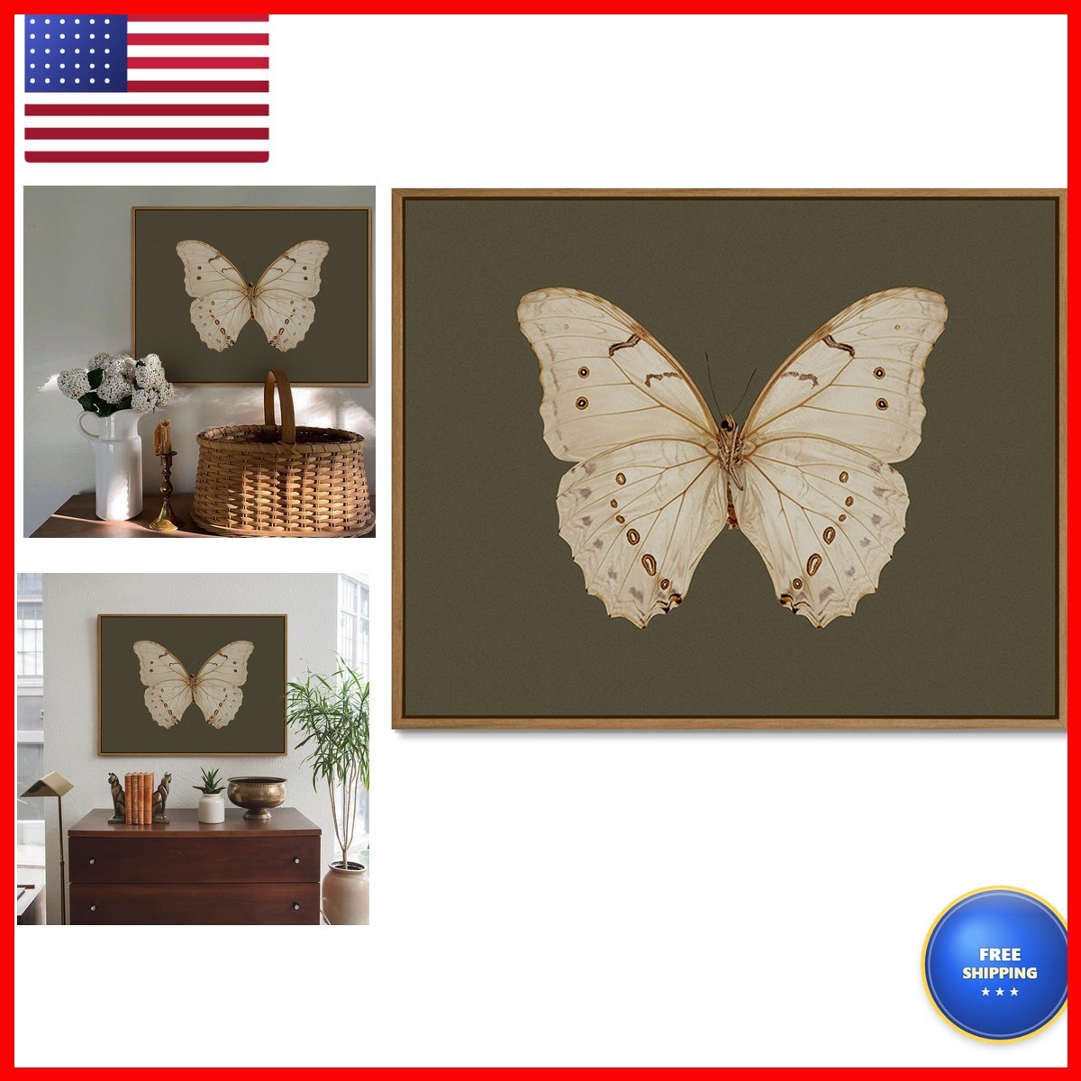 Gardenia Art Vintage White Butterfly Canvas Print 16x24inch Framed Wall Art