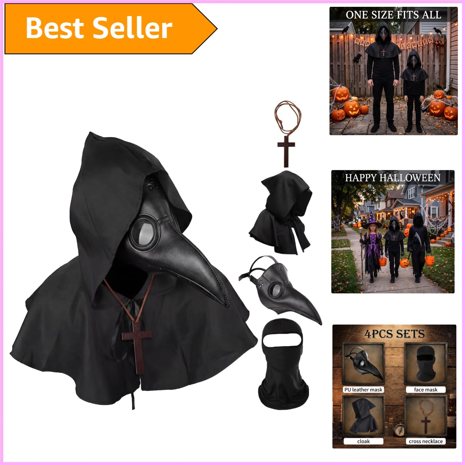 Medieval Plague Doctor Costume With Mask, Cloak, Balaclava & Necklace - 4pcs Medieval Plague Doctor Costume With Mask, Cloak, Balaclava & Necklace - 4pcs