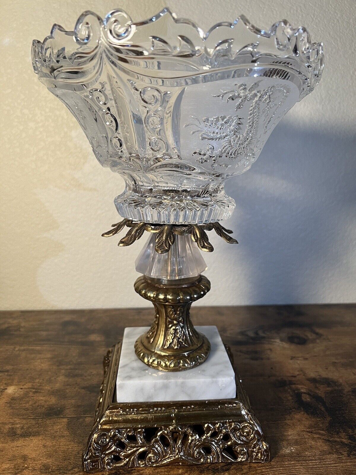 Vintage Lead Crystal DRAGON 🐉bowl with brass pedestal stand. Rare MAKE OFFER