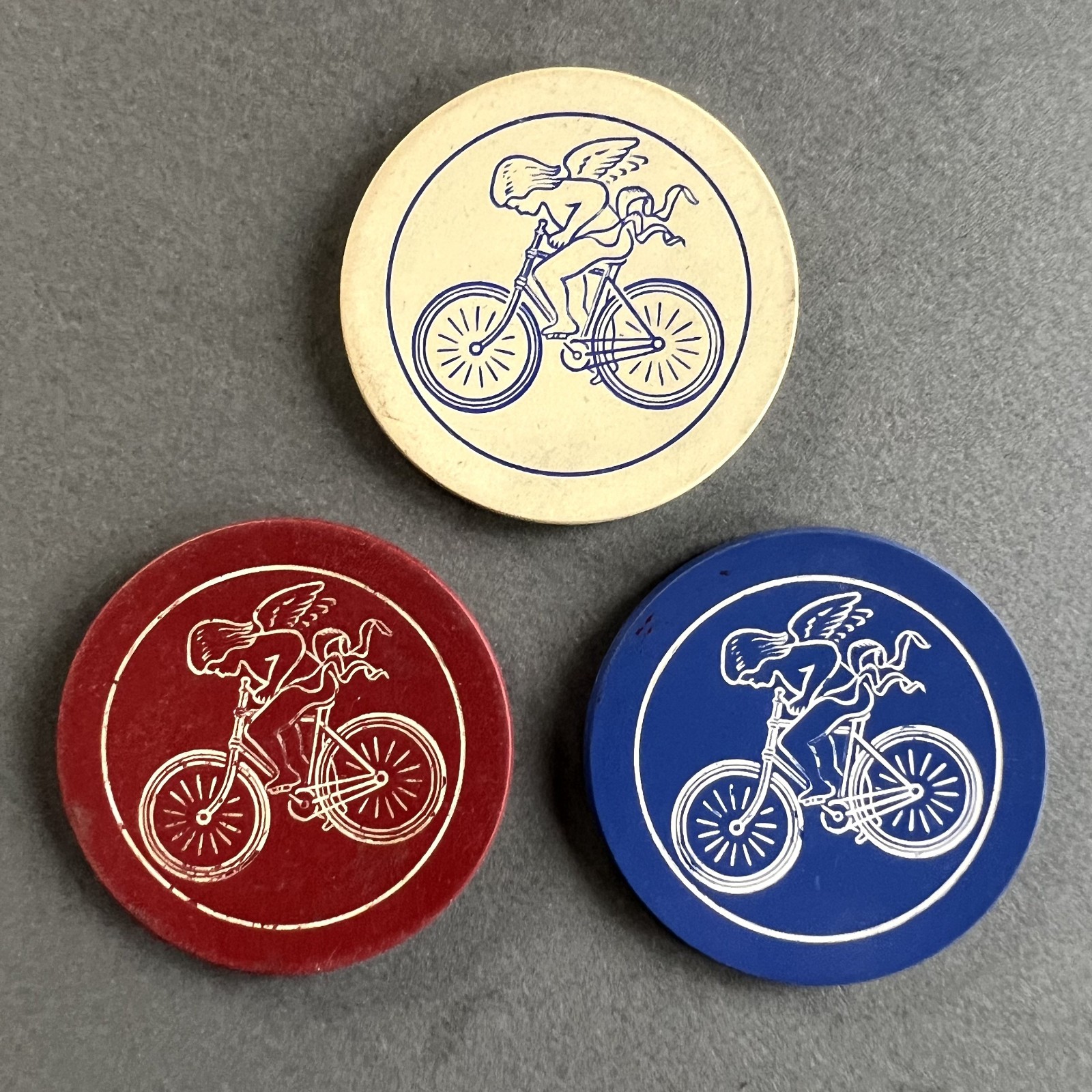 Rare 1906 Design Vintage Antique Clay Poker Chips Engraved w/Cupid on Bicycle