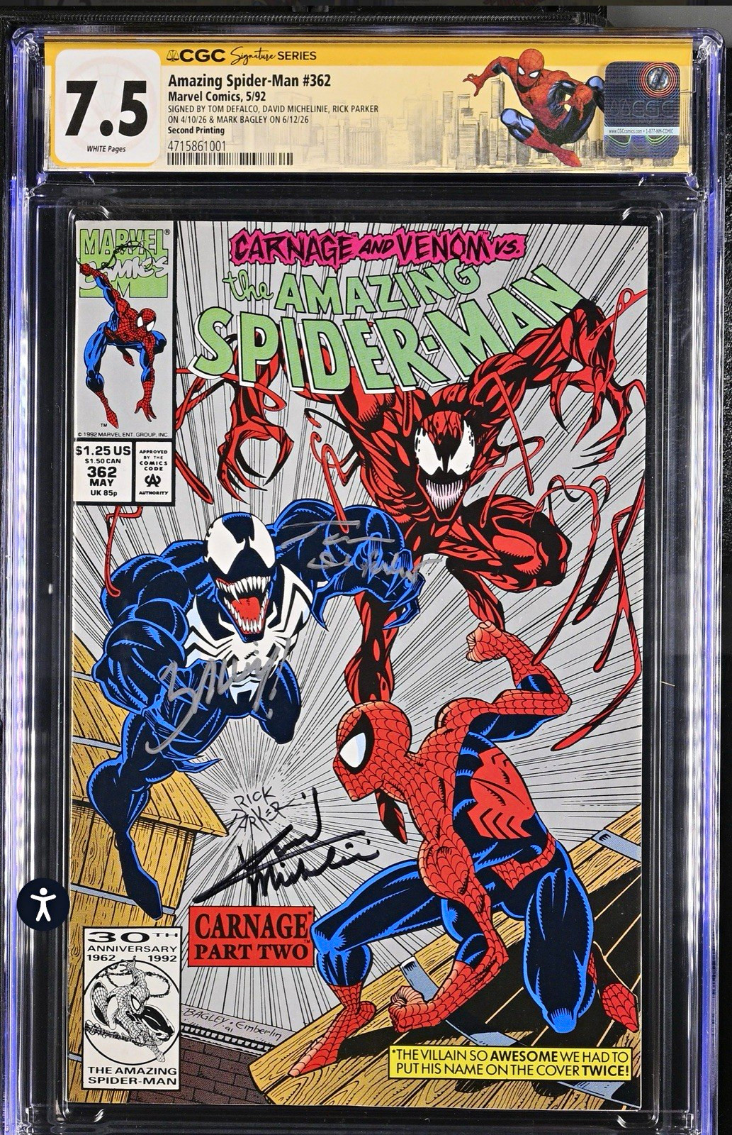 ASM 362 CGC 7.5 TOP POP (1 of 1) Signed by Bagley, Michelinie, Parker & DeFalco ASM 362 CGC 7.5 TOP POP (1 of 1) Signed by Bagley, Michelinie, Parker & DeFalco