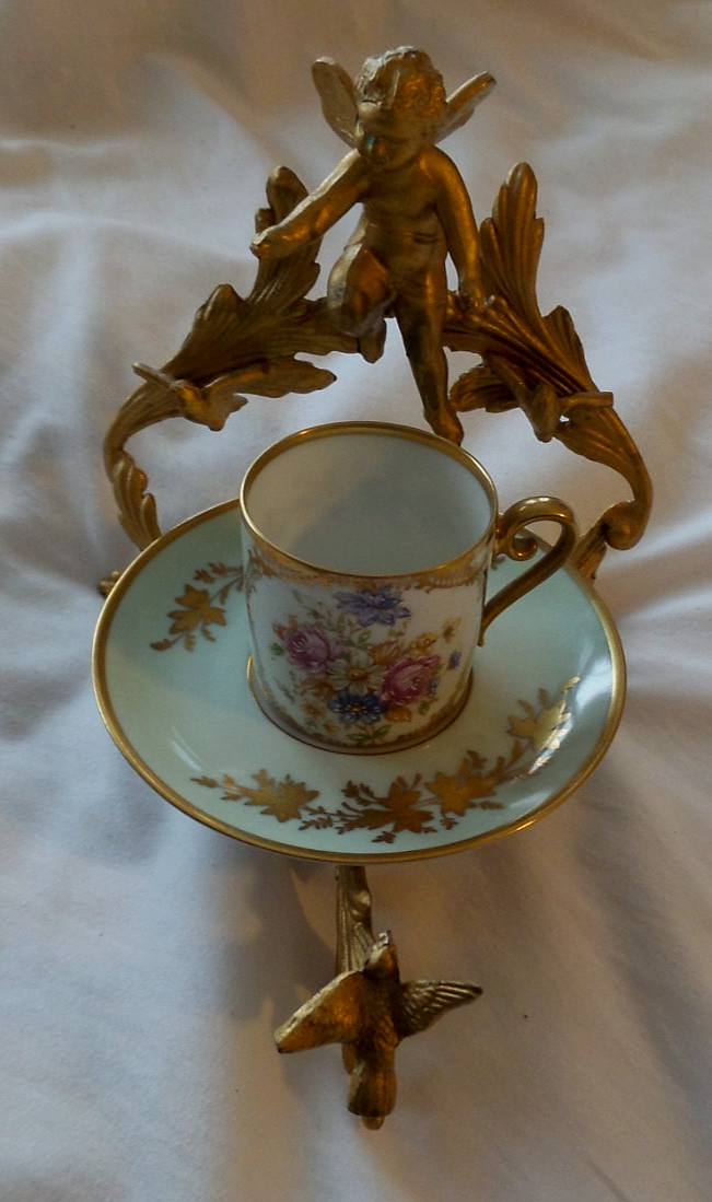 Antique DW Karls Baden Wert Abert Belgium Demitasse Cup and Saucer on Cupid Stan Antique DW Karls Baden Wert Abert Belgium Demitasse Cup and Saucer on Cupid Stan