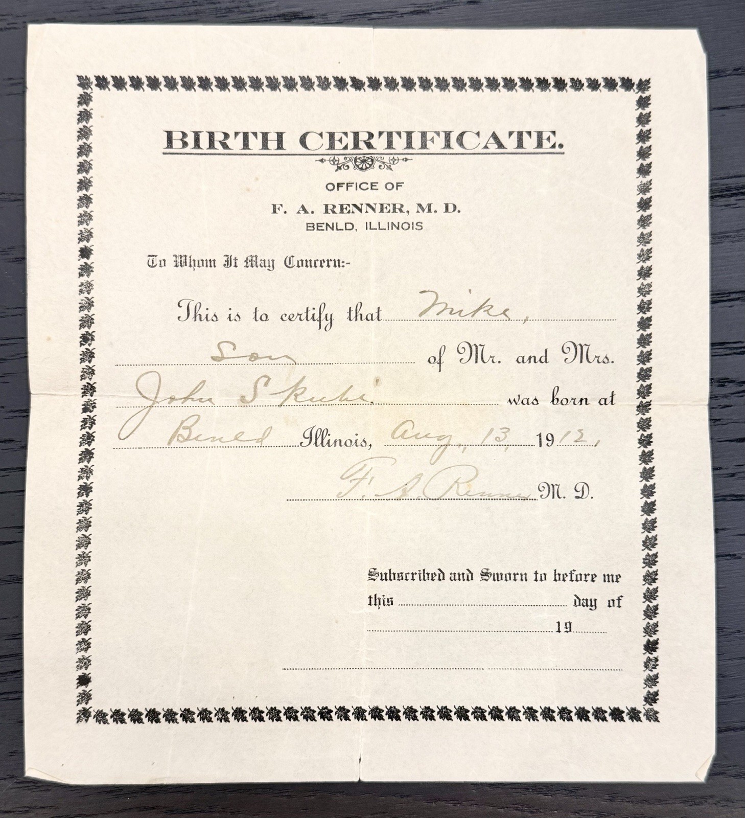 1912 Birth Certificate, Mike Skuba, Benld, Illinois 1912 Birth Certificate, Mike Skuba, Benld, Illinois