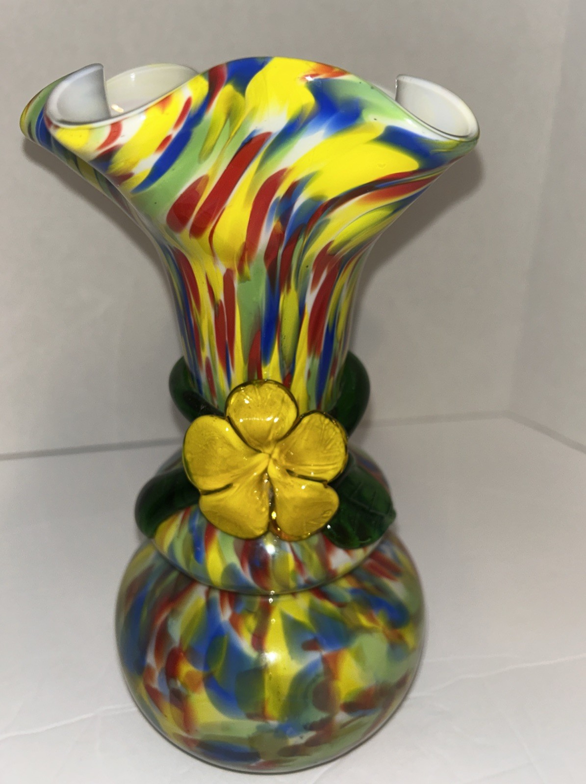 Vintage Millefiori Murano Italy Art Ruffled Vase 10” With Yellow Glass Flower. Vintage Millefiori Murano Italy Art Ruffled Vase 10” With Yellow Glass Flower.