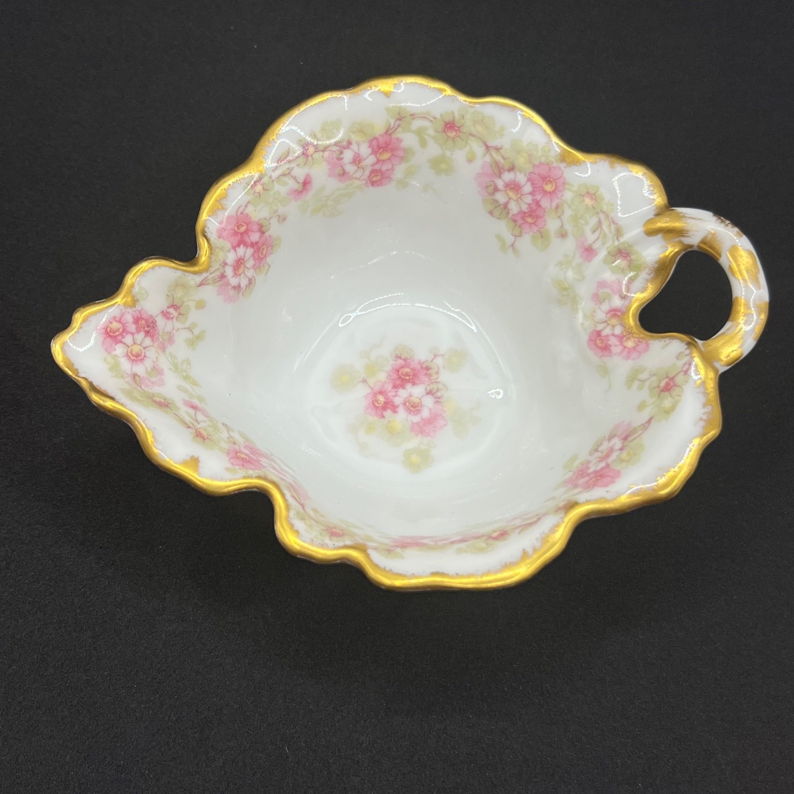 Antique Elite Works Limoges France Porcelain Nappy Candy Dish Pink Rose Gold