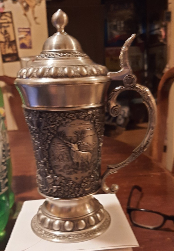 WMF Zinn, Pure Pewter Beer Stein  Relief Design Hallmarked w/Quality Certificate