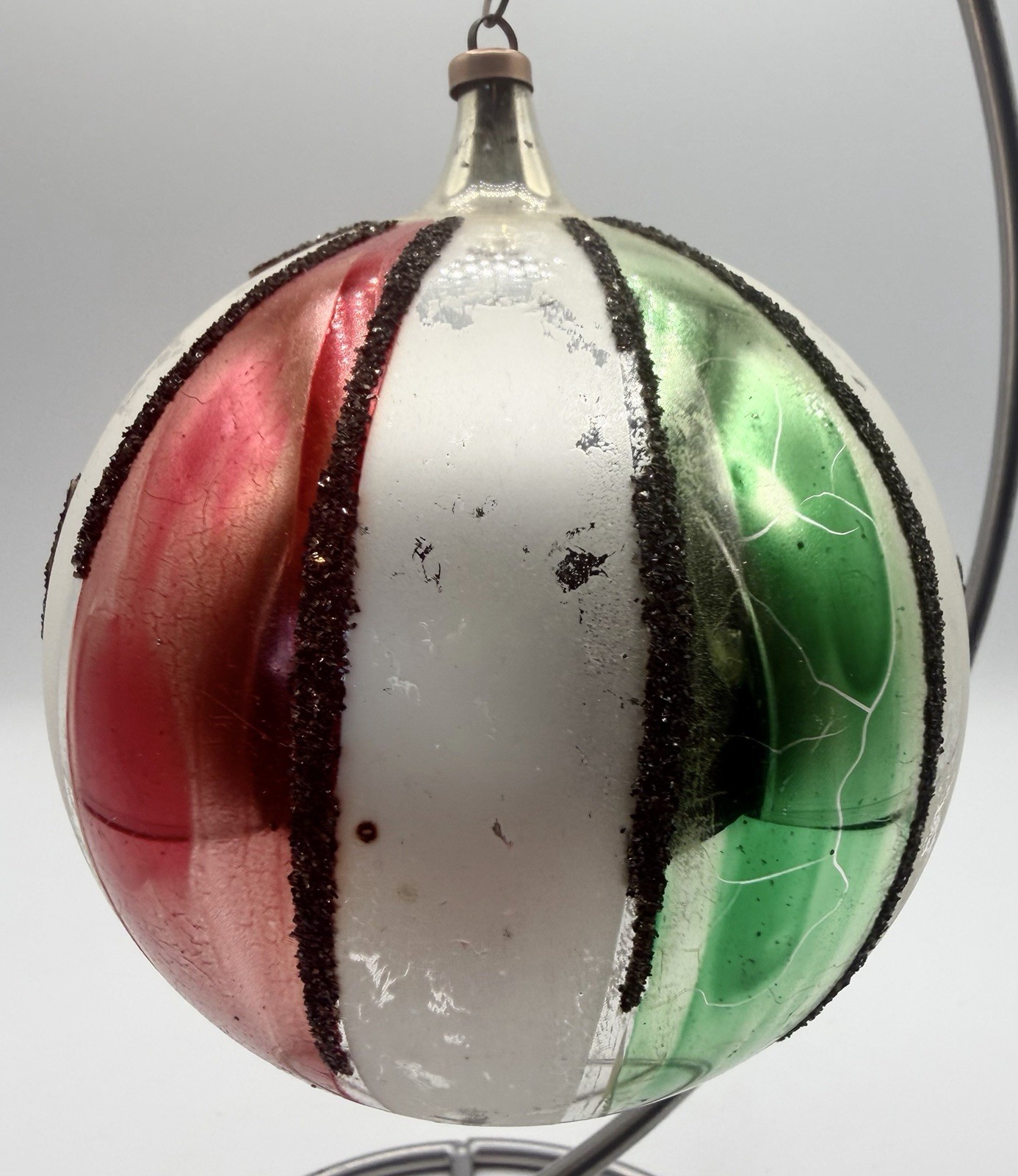 Vintage Austria 4” Glass Christmas Ornament Mica Striped Multicolor MCM