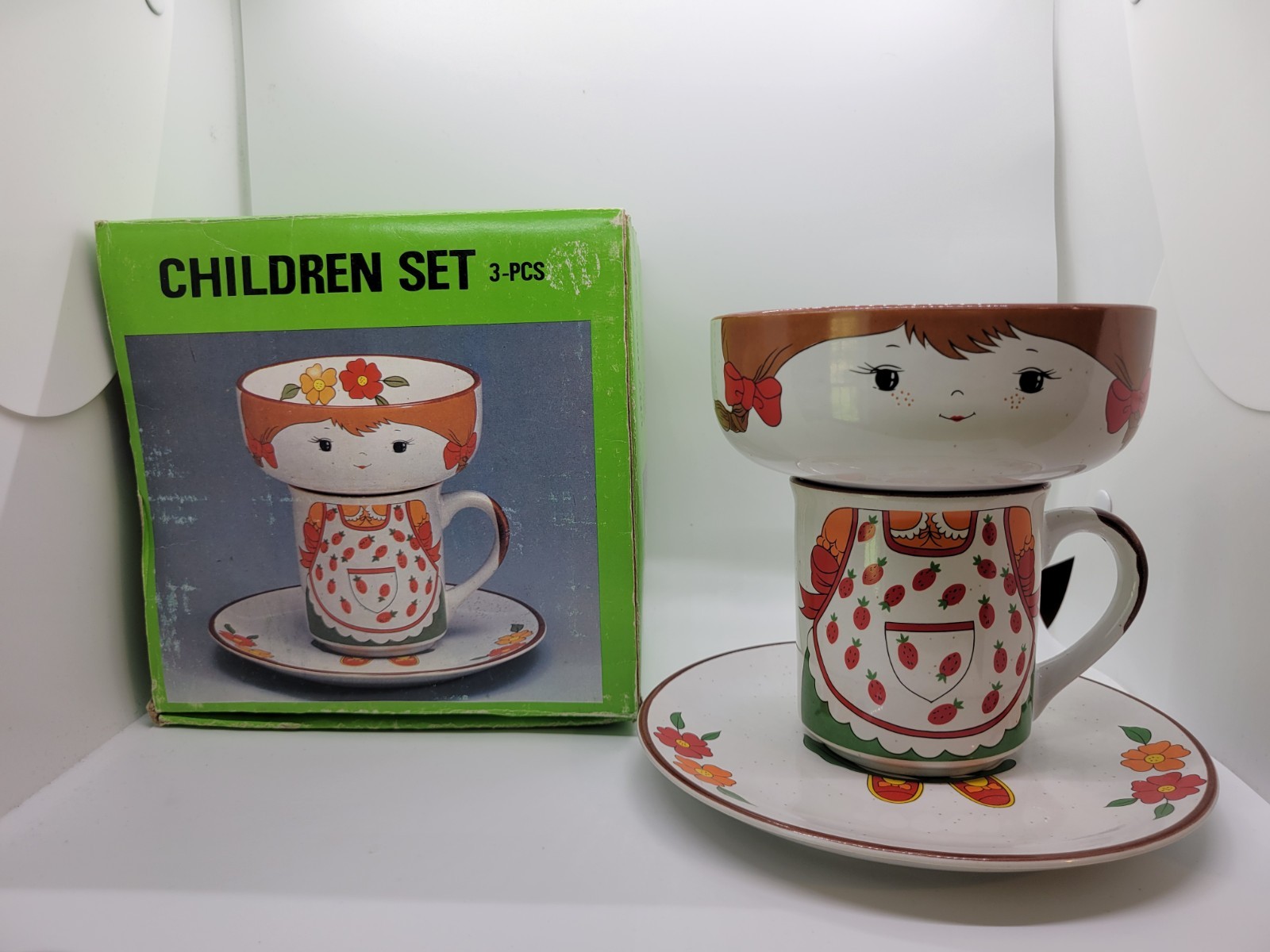 Vintage Interpur 3 Piece Stackable Children's Dish Set Girl Mug Plate Bowl Korea