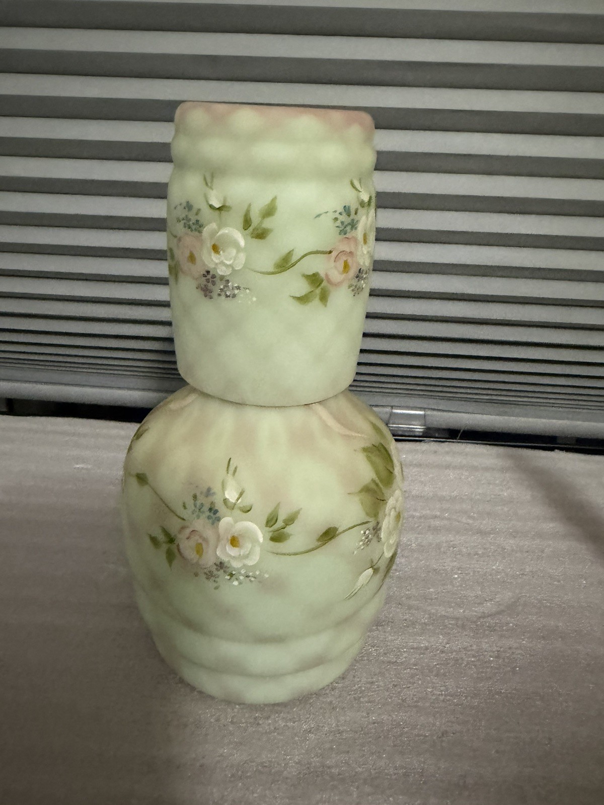 FENTON Lotus Mist  diamond optic Burmese  “Circle of Love” Tumble up signed