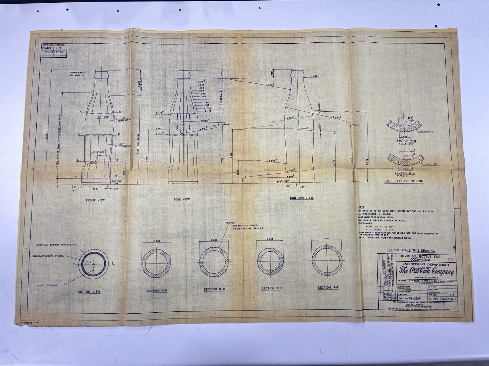 1963 Coca-Cola Bottle Original Factory Engineering Blueprint Drawing PS-401