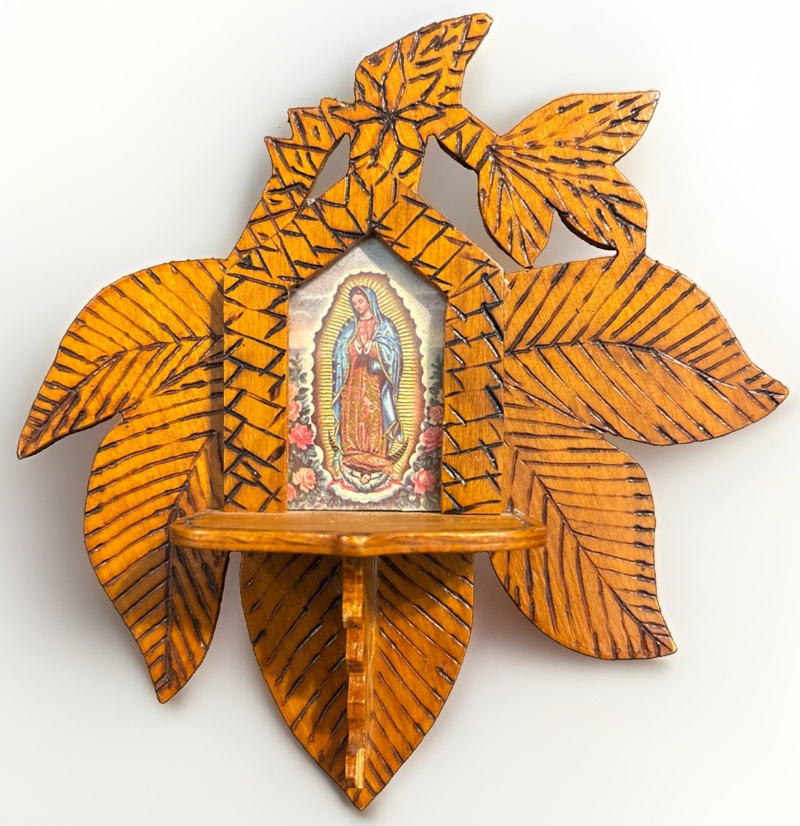 Vintage 1974 Mexican Folk Art Our Lady Guadalupe Wood Retablo Wall Shrine Vintage 1974 Mexican Folk Art Our Lady Guadalupe Wood Retablo Wall Shrine