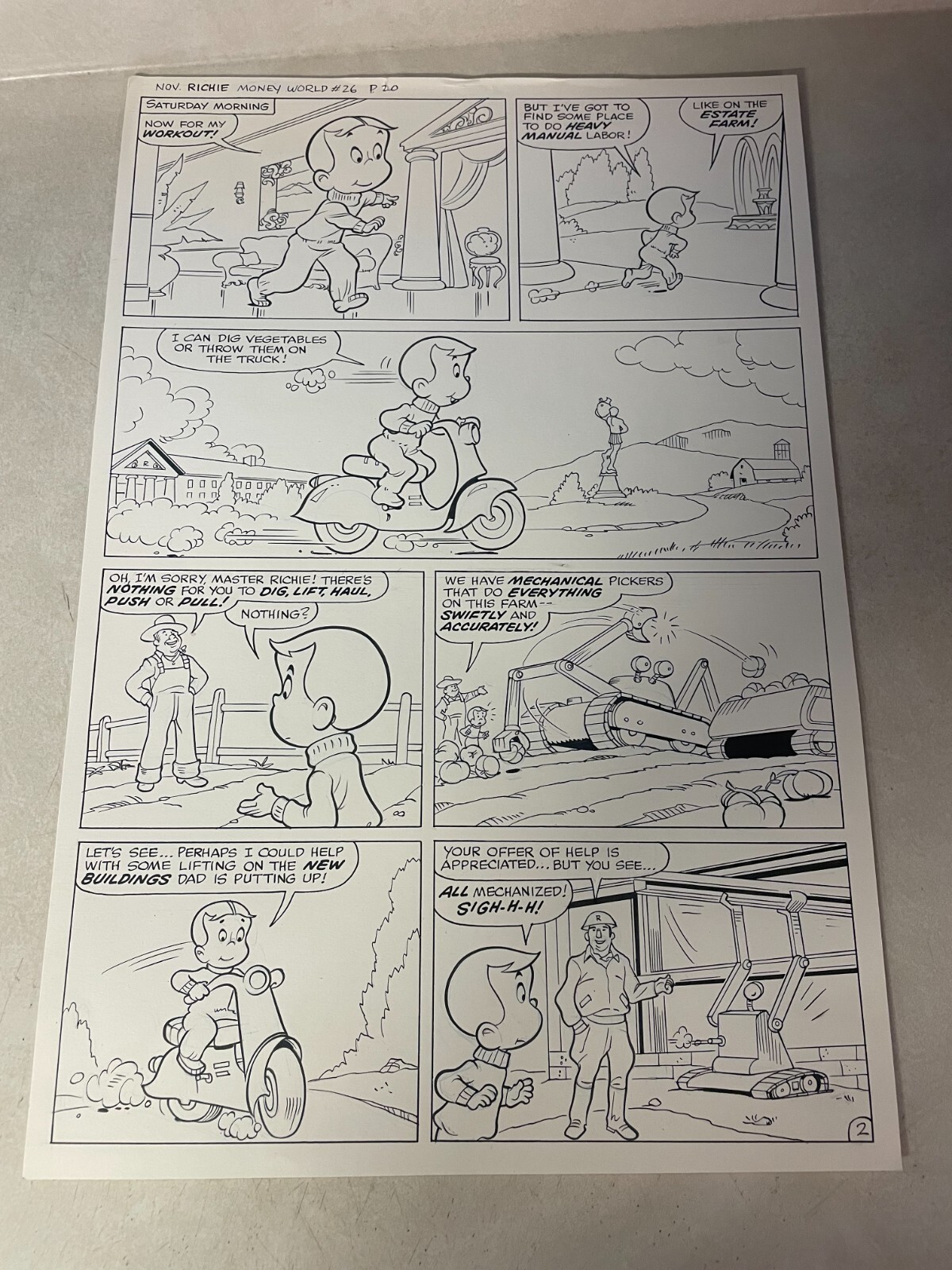 RICHIE RICH #26 ORIGINAL comic ART Money World  1976 DRIVES SCOOTER MANUAL LABOR