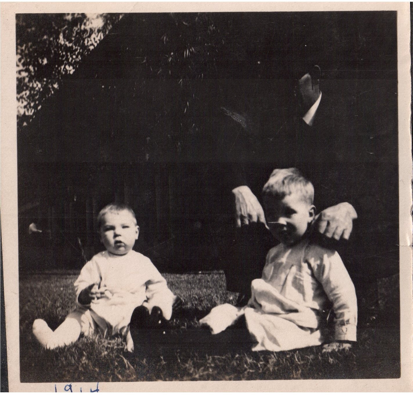 Vintage B&W Snapshot Two Young Boys Father Posing Outdoors Garden Portrait 1914 Vintage B&W Snapshot Two Young Boys Father Posing Outdoors Garden Portrait 1914