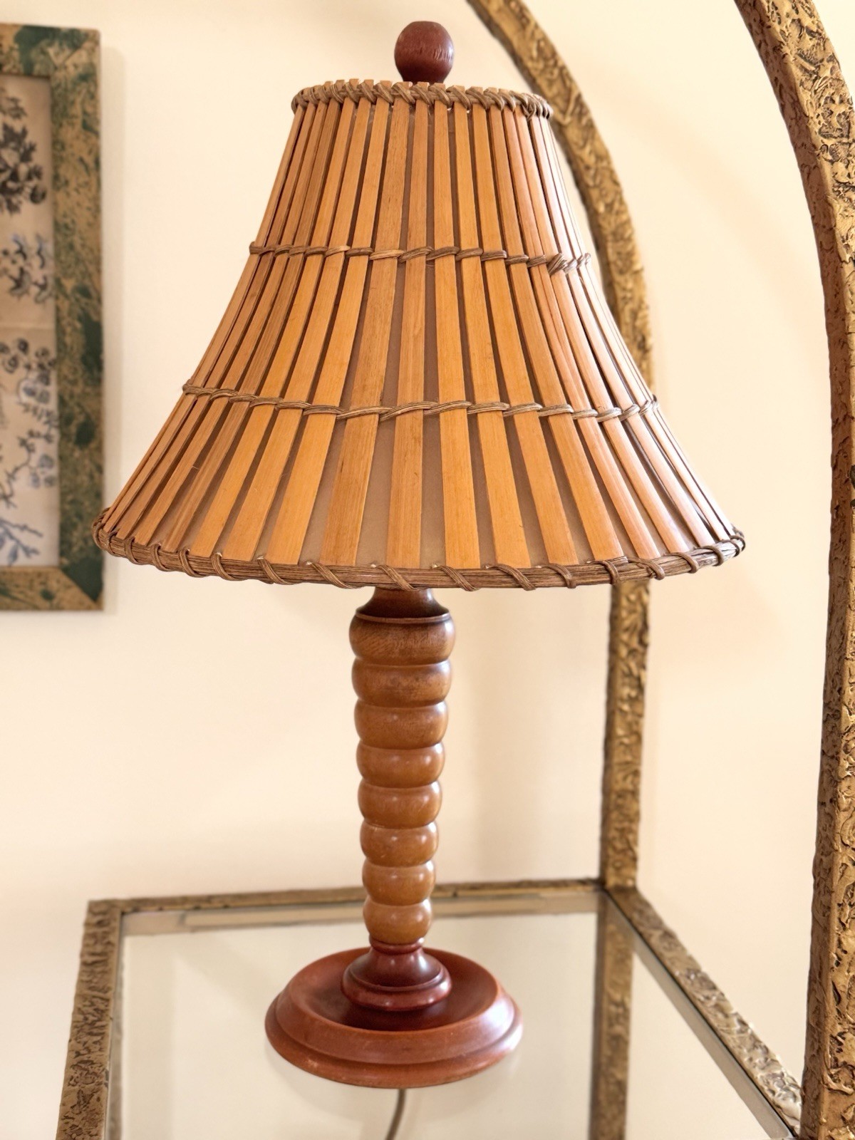 Vintage Mid Century Turned Wood Table Lamp w/ Bamboo Shade Rare Accent Light