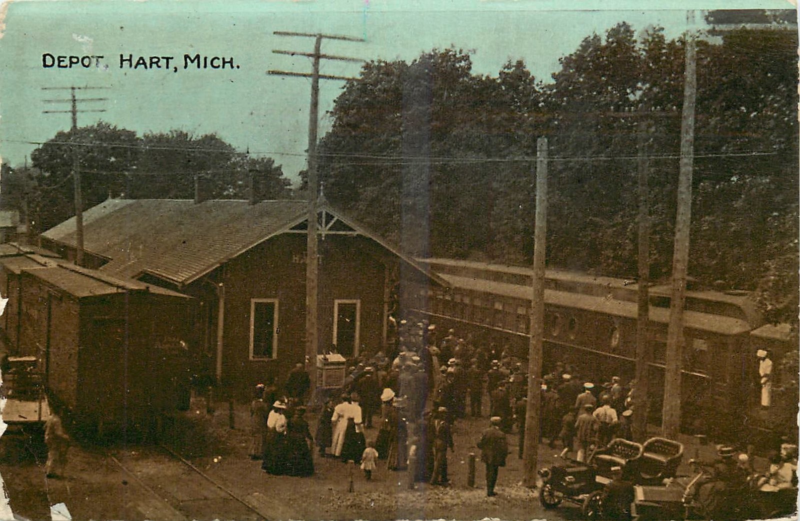 1912 Hart Michigan Railroad depot occupation people Postcard
