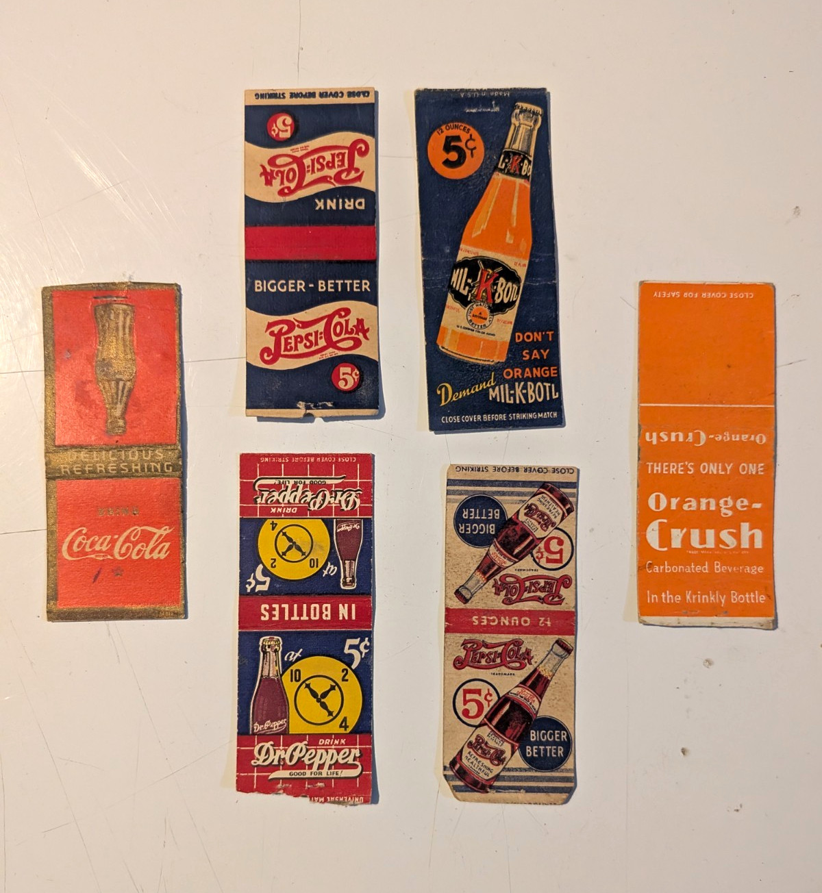​Lot 6 Vintage Soda Matchbook Covers Dr Pepper Pepsi Coke Striker Removed