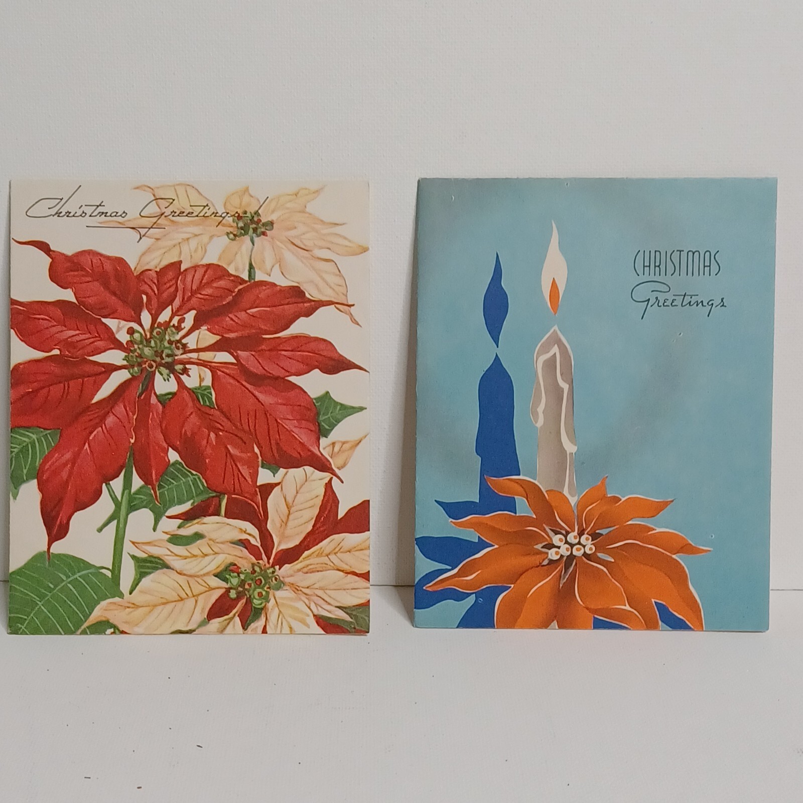 Vintage WhitmanChristmas Greeting Cards Poinsettia  Lot of  2 Candles