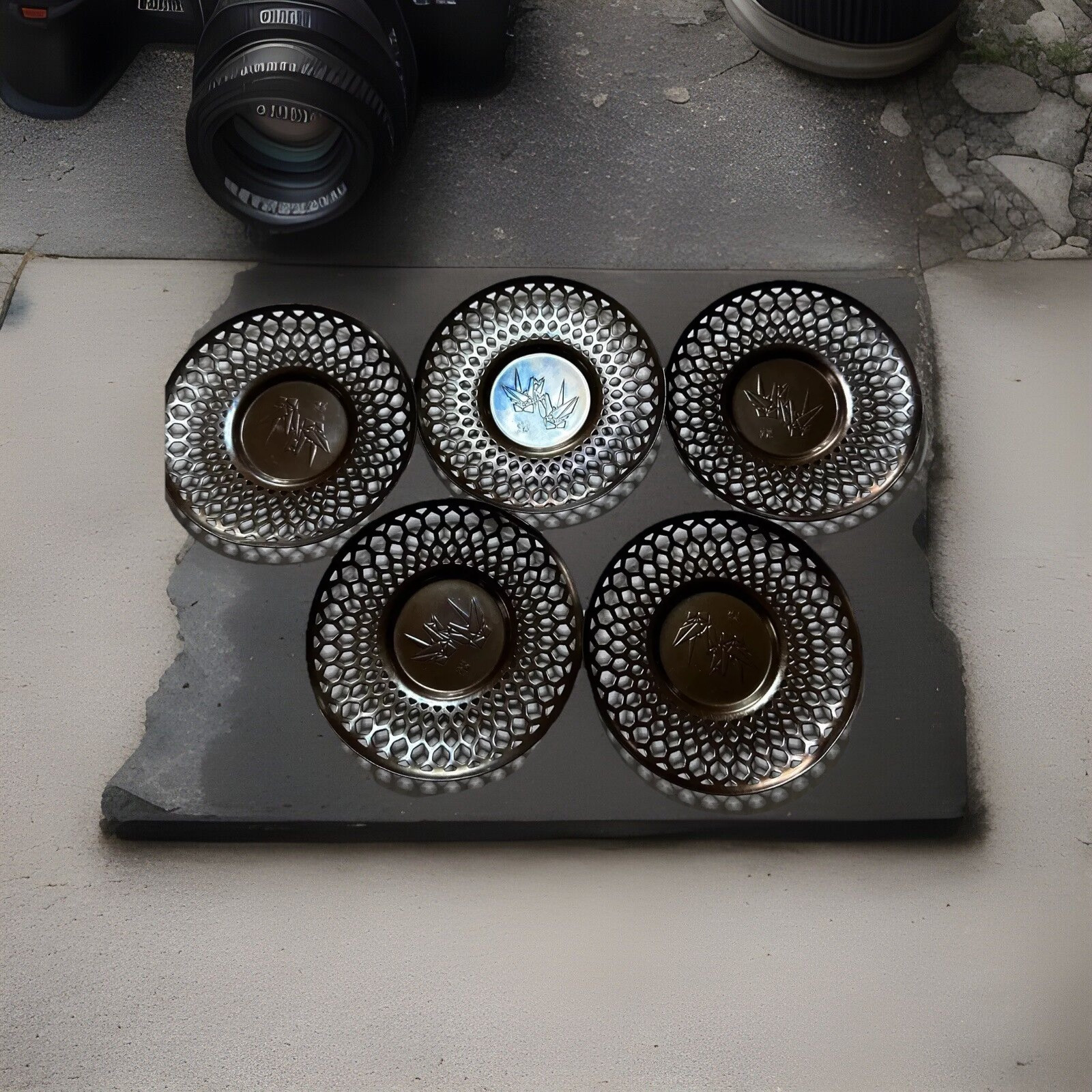 Antique Japanese Chataku Bronze Metal Plate Coaster Filagree Signed Lot Of 5 Antique Japanese Chataku Bronze Metal Plate Coaster Filagree Signed Lot Of 5