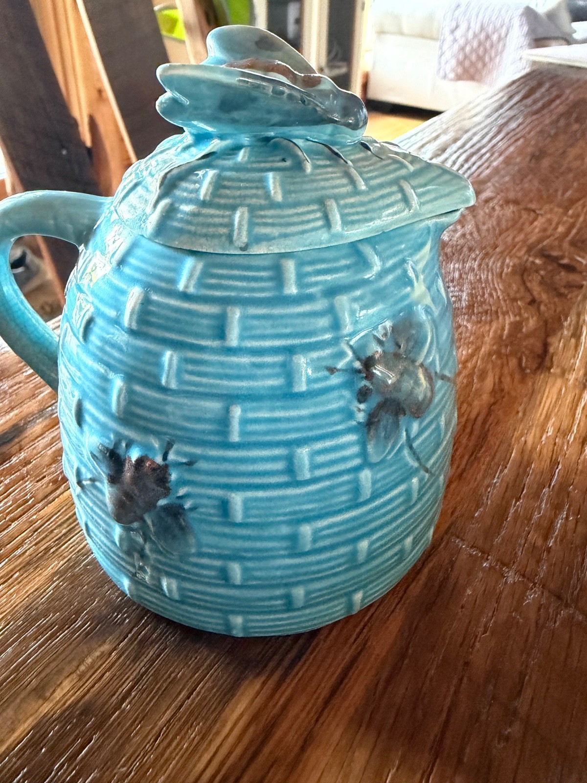 Vintage Turquoise Bee 🐝 hive Honey Pot Syrup Pitcher Jar with Lid & Cork Japan