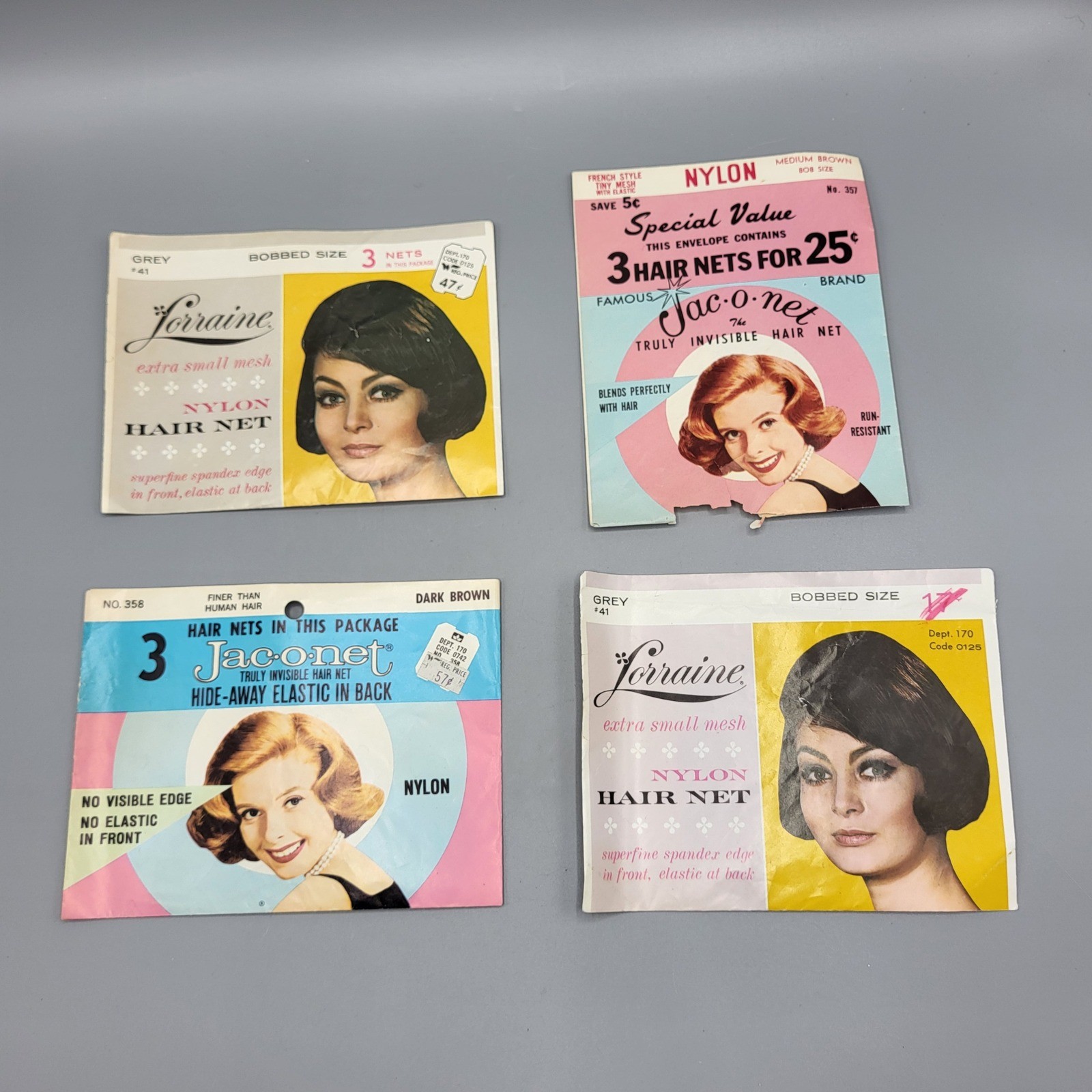 Vintage Lorraine Jac-o-net Hair Nets Lot Woolworths Grey Brown Bobbed Nylon