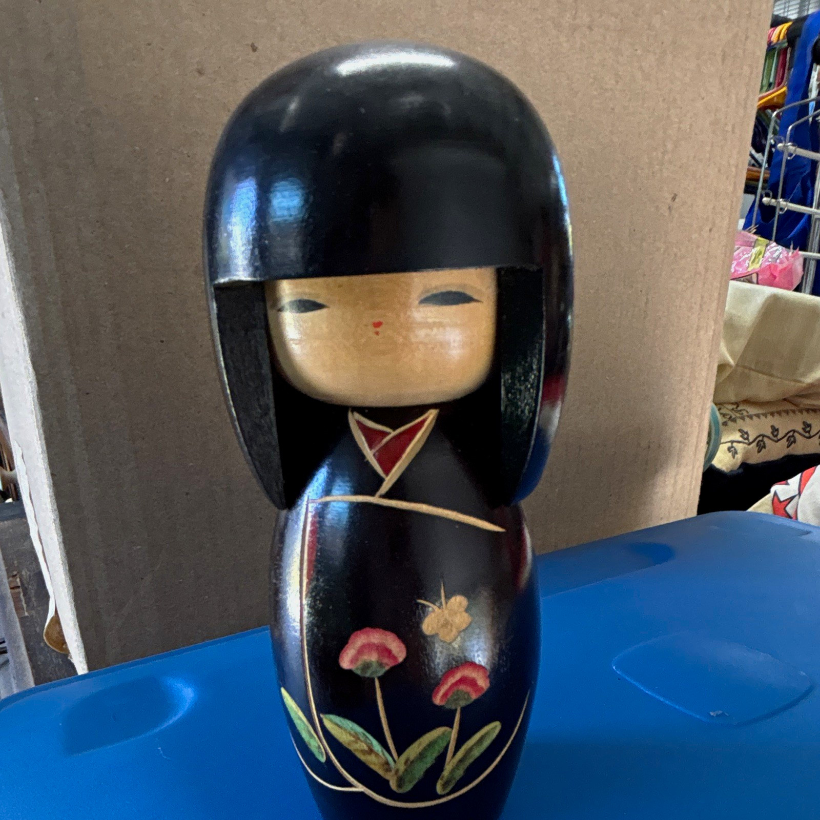 Japanese Kokeshi Wooden Doll, Black Kimono Floral Design, Sticker Mark Base Japanese Kokeshi Wooden Doll, Black Kimono Floral Design, Sticker Mark Base