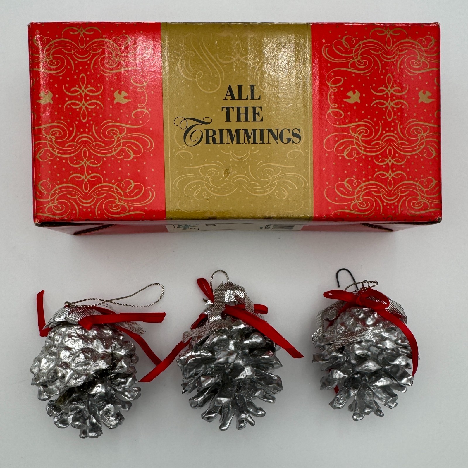 Macy's All The Trimmings 1993 Silver Pine Cone Christmas Ornaments Set of 3 Box