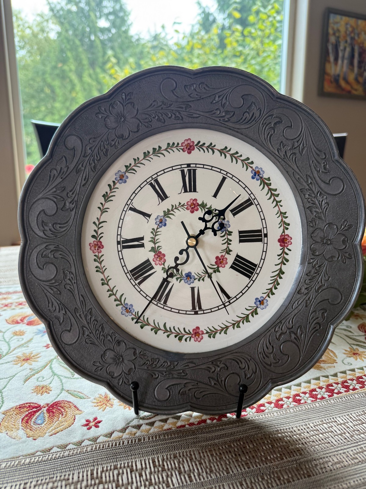 Vintage Bassano Italian Wall Clock – Hand-Painted Ceramic & Ornate Pewter – 11.2