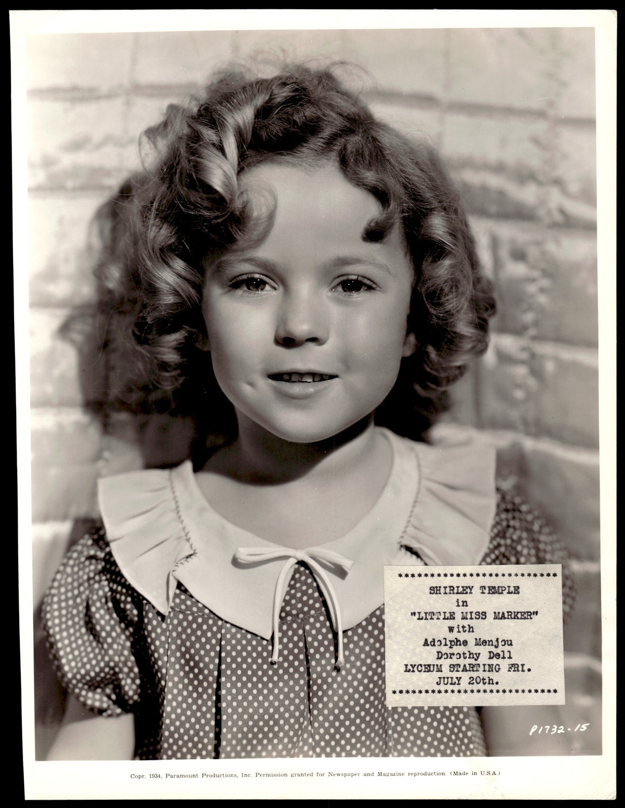 1934 Shirley Temple Little Miss Marker 8x10 Original Press Photo *Z1789