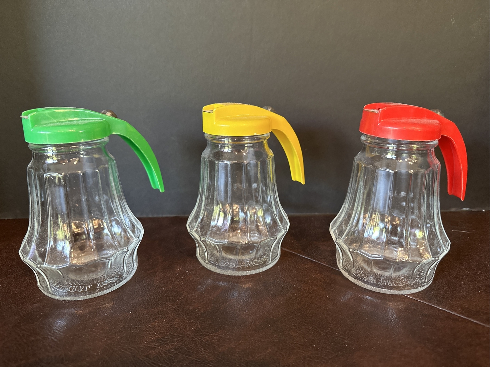 3 Vintage Federal Tool Corp Restaurant Glass Yellow/Green/Red SYRUP Dispensers