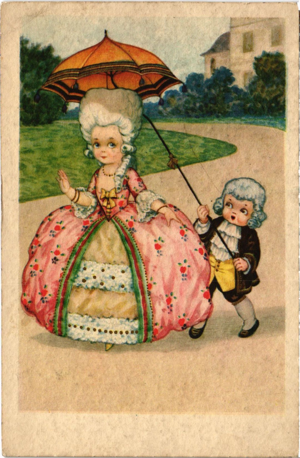 PC ARTIST SIGNED, TAKING A WALK IN THE PARK, Vintage Postcard (b46378) PC ARTIST SIGNED, TAKING A WALK IN THE PARK, Vintage Postcard (b46378)