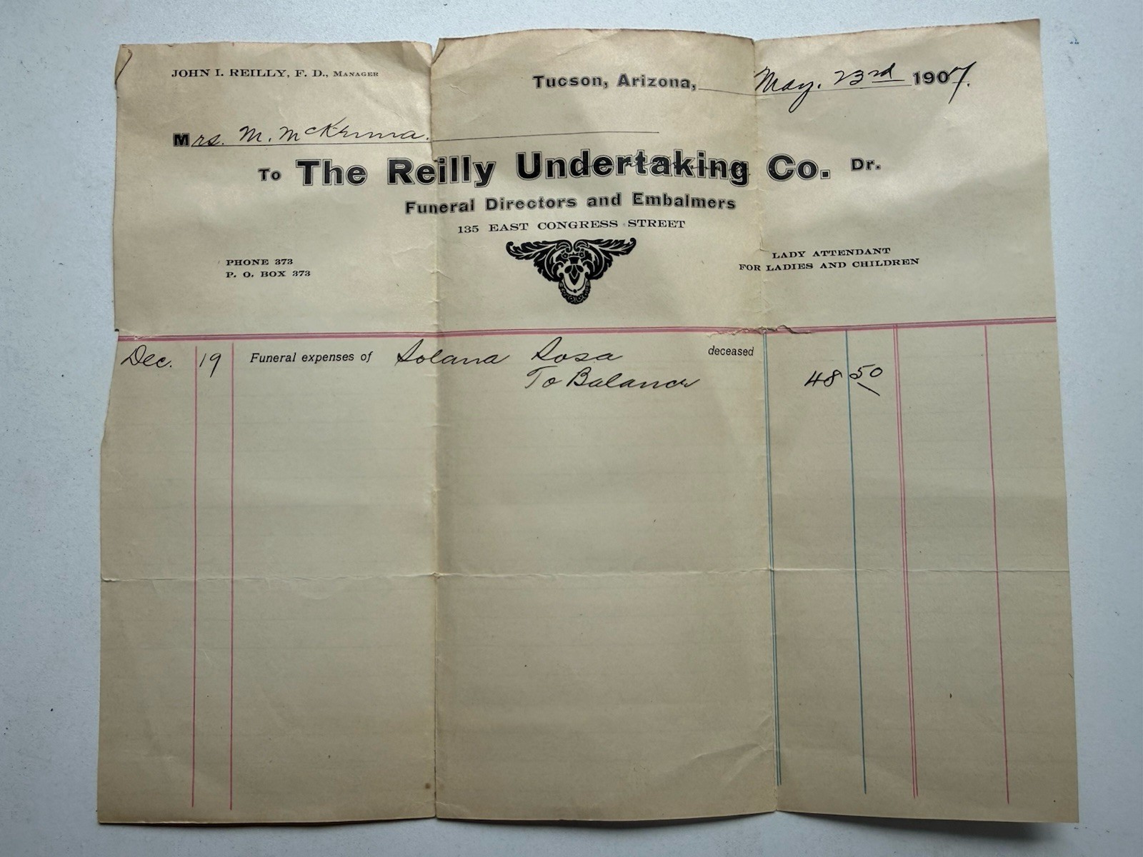 1907 Tucson Arizona Reilly Undertaking Co Funeral Bill Antique Ephemera