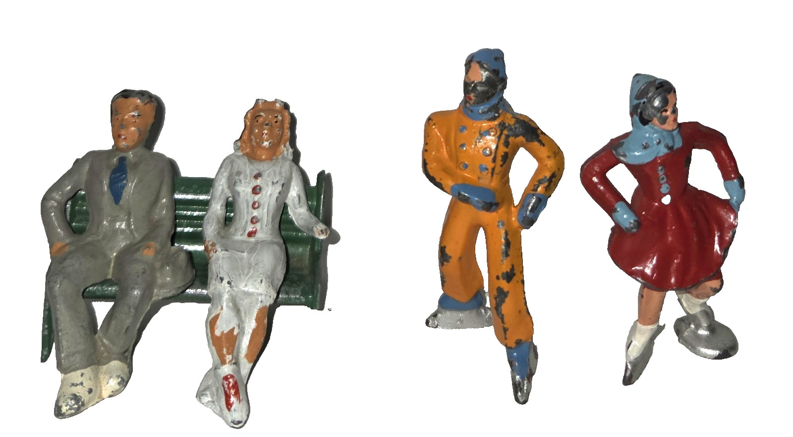 Vintage 5 Piece Barclay Metal Winter Skaters Bench Figurines