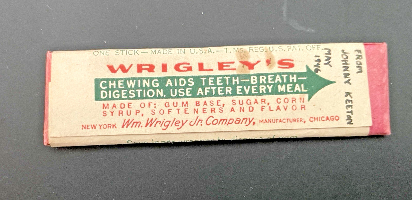 1 Original Wrigley's Spearmint Gum Wrapper with Original Gum Dated May 1946