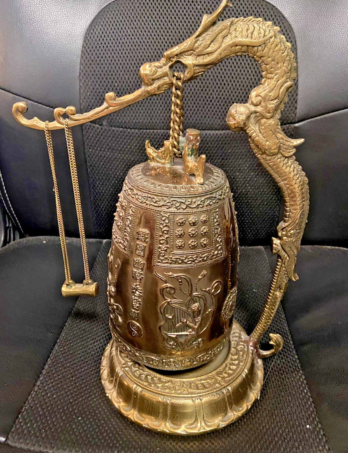 Vintage Bronze Korean Dragon Gong Bell on Stand with Hammer Pendulum ~12\ Vintage Bronze Korean Dragon Gong Bell on Stand with Hammer Pendulum ~12\
