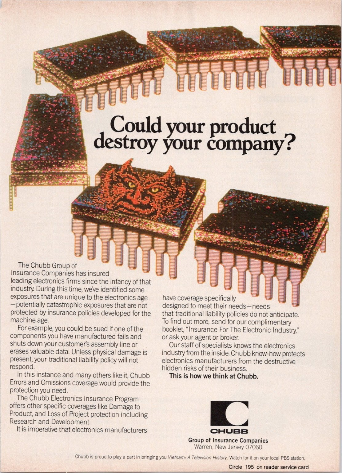 Chubb Group Vintage Electronics Insurance Print Ad 1980s Devil Chip Art Chubb Group Vintage Electronics Insurance Print Ad 1980s Devil Chip Art
