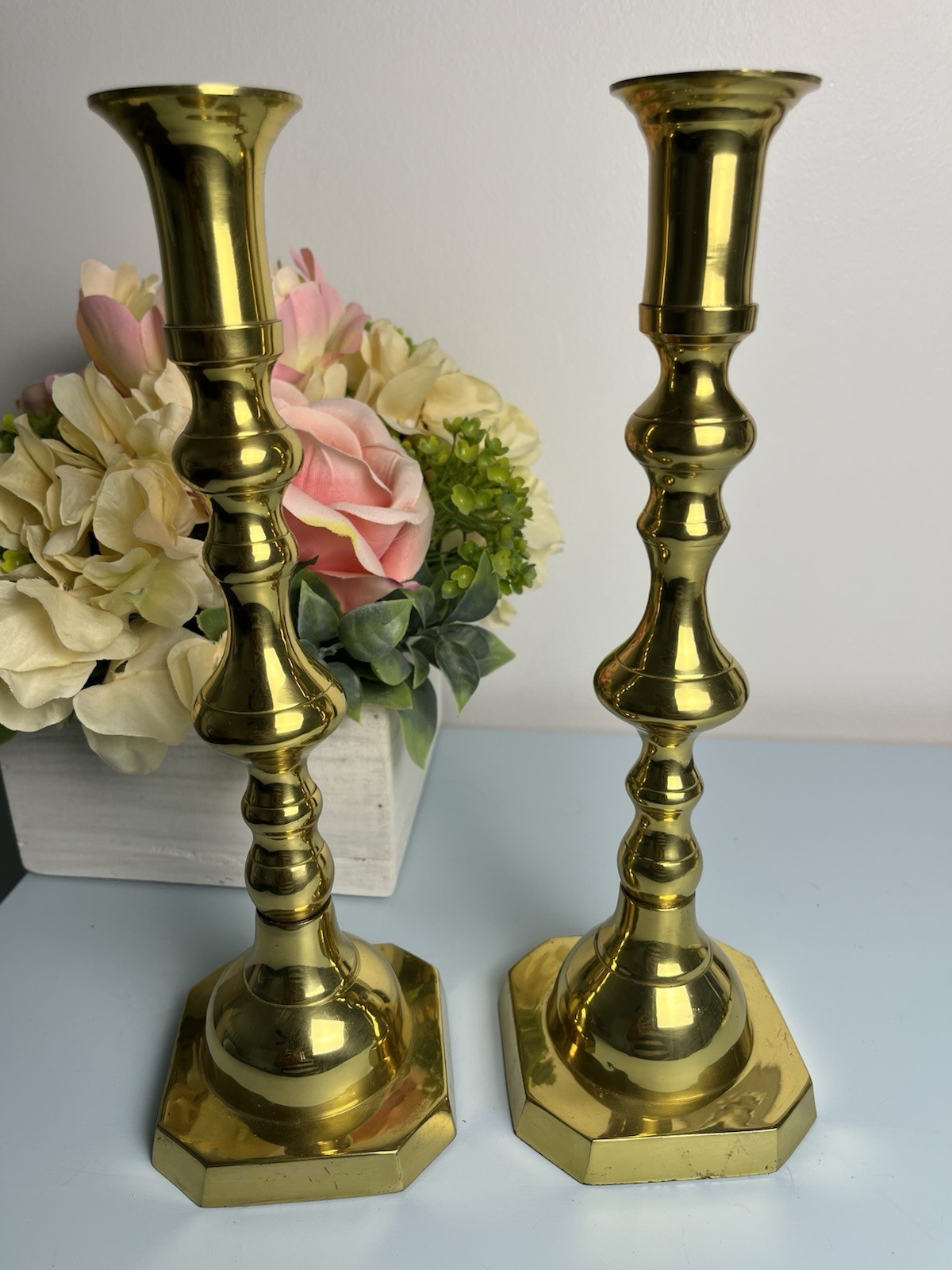 Vintage Brass Candlestick Holders Pair 10.5” Tall Octagon Base Taper Candle Two
