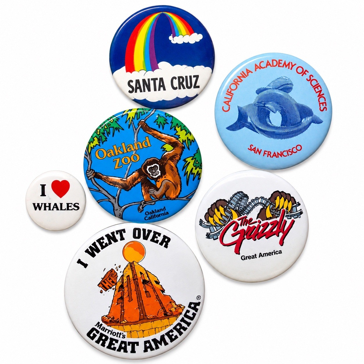 Vtg 90's California Souvenir Pinback Button Lot Great America Oakland Zoo 6pc