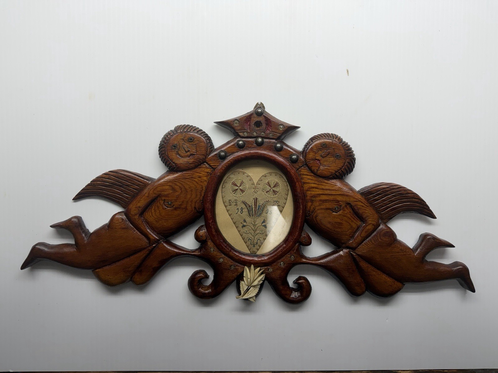 1800’s Hand Carved Wooden Cherub Angel With Picture Frame And Ivory Flower Rare 1800’s Hand Carved Wooden Cherub Angel With Picture Frame And Ivory Flower Rare