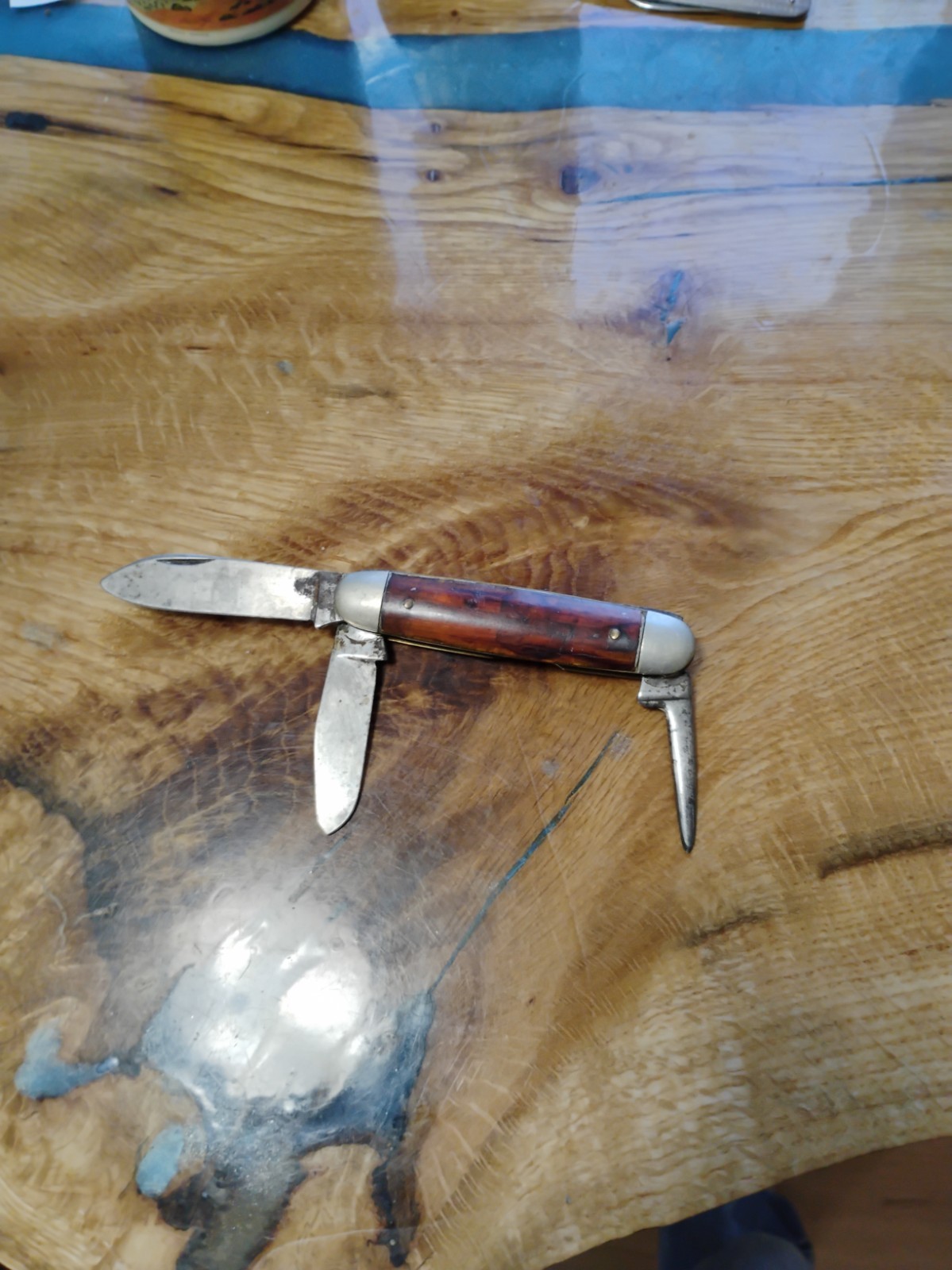 Vintage Kingston USA 3 Blade Pocket Knife W/ Leather Punch Awl Made In USA