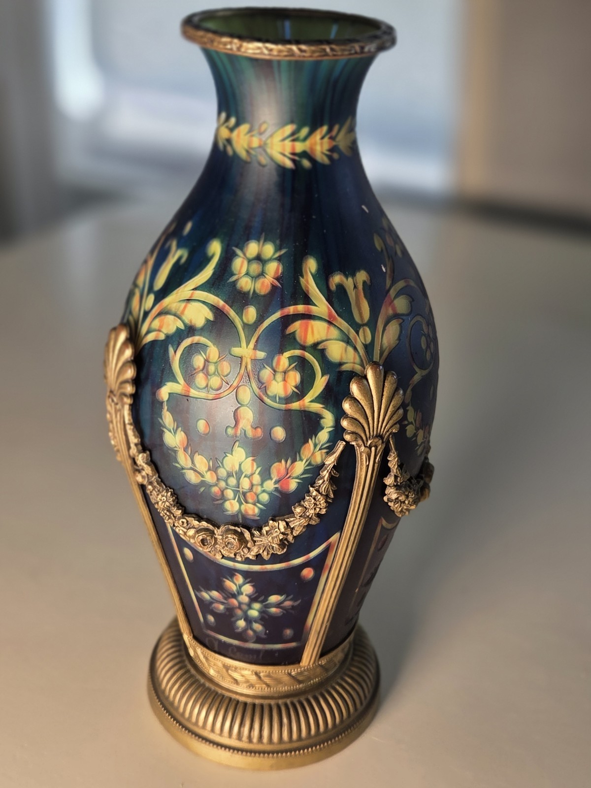 Rare Vintage Etched  Ornate  Cobalt Blue French Vase With Brass Holder