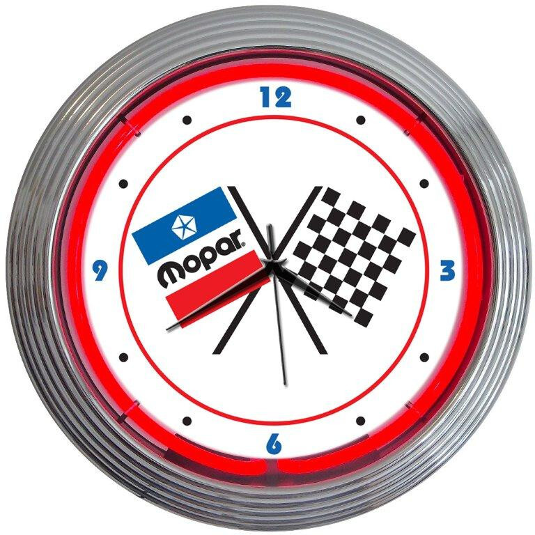Neon Clock sign Mopar Chrysler Hemi Racing Flags Dads Garage wall lamp Dodge