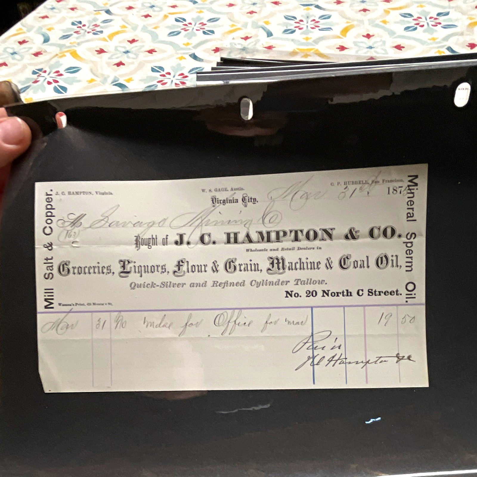 Antique 1878 J.C. Hampton & Co. Virginia City Mineral Sperm Oil Receipt